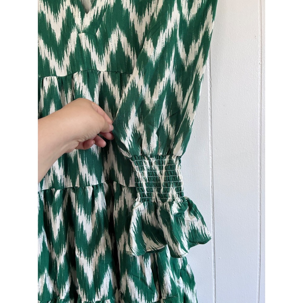 Pomander Place Green White Ikat Chevron Tiered Mini Dress Smocked Ruffle S - Picture 4 of 8
